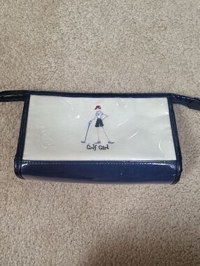 Golf Girl Navy & Cream Wristlet Pouch Canvad W Plastic Lining Wipeable Like New